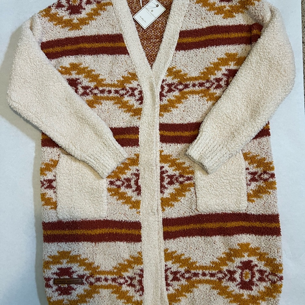 Simply Southern Cream and Brown Cardigan with Red and Orange Accents